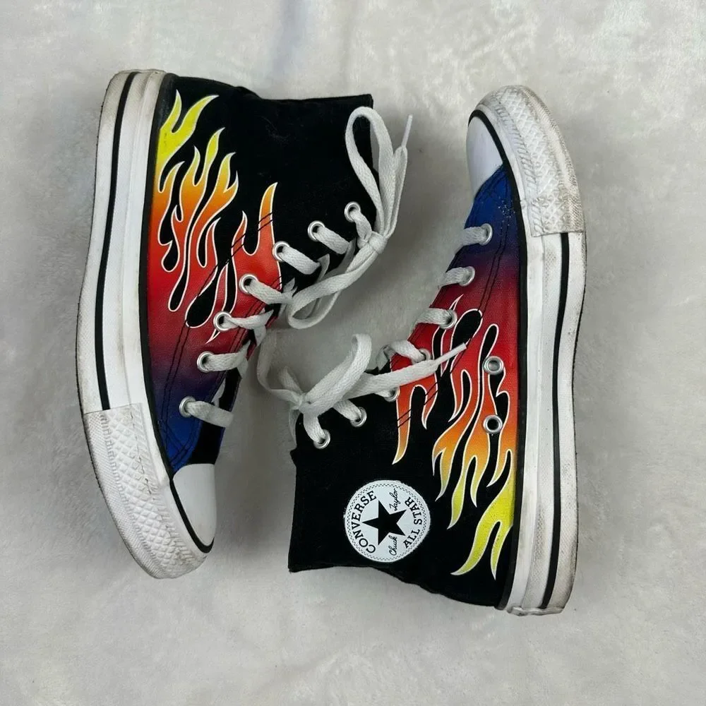Converse Kids 4.5 Flame Print Chuck Taylor All Star High‎ Tops Black Multicolor
